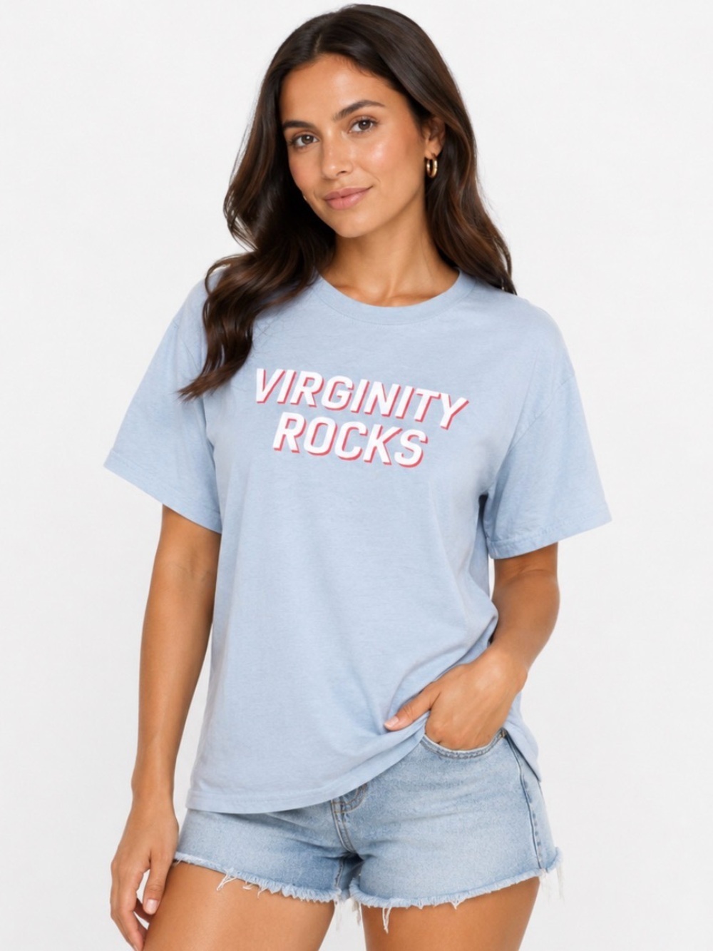 Light Blue Graphic Tee "VIRGINITY ROCKS" T-shirt SZ MD Novelty graphic